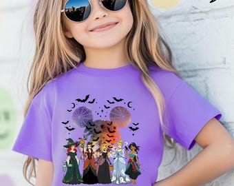 Camiseta de Halloween de Princesas Disney Comfort Colors®, camiseta de Halloween de Princesas Brujas, camiseta espeluznante de Ariel, Bella, Jazmín, Aurora y Cenicienta