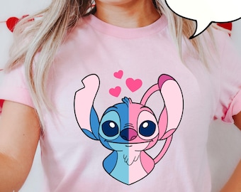 Comfort Colors® Stitch And Angel Valentijns-T-shirt, Happy Valentines Day-shirt, Disney Love-shirt, Valentijnsshirt stel