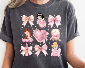 Camiseta con lazo rosa Coquette de Comfort Colors®, camiseta de princesa Blancanieves, camiseta de princesas de Disney, camiseta de Bella y Cenicienta, camiseta Coquette