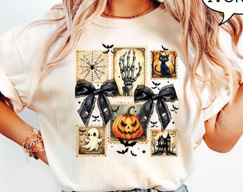 Comfort Colors® Spooky Season T-Shirt, Halloween Shirt mit kokette Schleife, Geist Shirt, Kürbis Halloween Shirt, Vintage Halloween Shirt