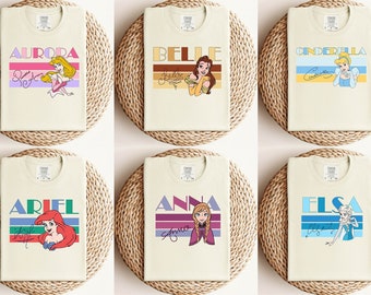 Comfort Colors® Camisas de Princesas Disney, Princesa Bella, Moana, Elsa, Anna, Ariel, Mérida, Aurora, Cenicienta, Jazmín, Tiana, Pocahontas