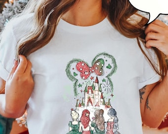 Comfort Colors® Christmas Princess Castle T-Shirt, Magical Kingdom Xmas Tee, Disney Princess Shirt, Cinderella Ariel Jasmine Belle Xmas Tee