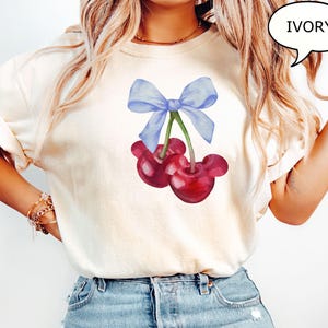 Comfort Colors® Blue Bow Cherry T-Shirt, Coquette Bow Shirt, Valentines Day Gift, Cherry Shirt, Coquette Bow Shirt