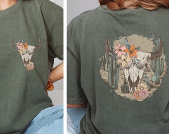 Camisa de caveira de vaca vintage Comfort Colors®, camisa de caveira de vaca floral, camisa de música country, camisa de música western, camiseta western, presente para ela