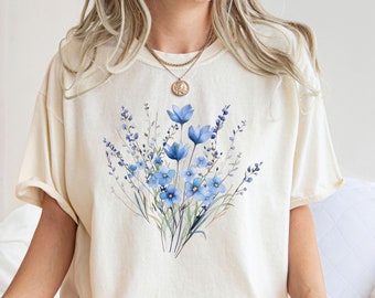 Koszula Comfort Colors® Blue Flower Bouquet, Koszula dla miłośników kwiatów, Koszula w kwiaty retro, Koszula kwiatowa, Koszula damska z motywem roślin, Prezent dla miłośników natury