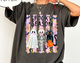 Comfort Colors® Spooky Season T-Shirt, Halloween Ghost And Cat Shirt, Skeleton Shirt