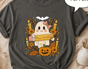Comfort Colors® Custom Teacher Name Ghost T-Shirt, Teacher Halloween Gift, Boho Floral Ghost Shirt