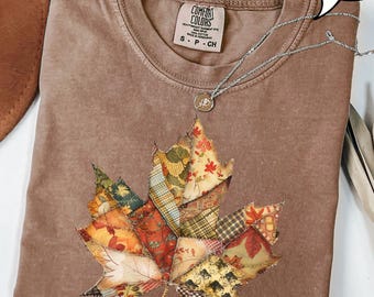 Camiseta de hojas con patchwork Comfort Colors®, camiseta de hojas otoñales, camiseta acogedora de otoño, camiseta de otoño, camiseta estética de hojas