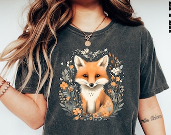 Comfort Colors® Cute Fox T Shirt, Flower Shirt, Floral Fox Shirt, Flower Shirt, Animal Lover Ladies Shirt, Gift for Nature Lover, Fox Shirt