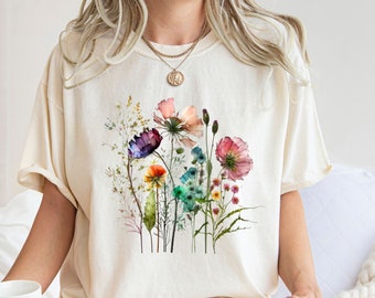 Comfort Colors® Camisa de ramo de flores, camiseta de flores, camisa floral retro, camisa de flores de acuarela, camisa de damas de plantas, regalo para mujeres