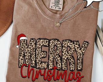 Comfort Colors® Leopard Merry Christmas T-Shirt, Christmas Shirt, Woman Leopard Christmas Shirt, Christmas Gift, Happy New Year Tee