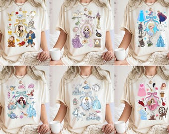 Camiseta Comfort Colors® Coquette de las Princesas Disney, Bella, Ariel, Elsa, Rapunzel, Cenicienta y Aurora
