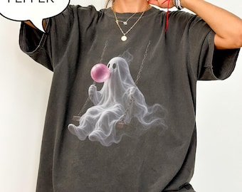Comfort Colors® Ghost Swinging T-Shirt, Pink Bubble Halloween Tee, Spooky Ghost Shirt