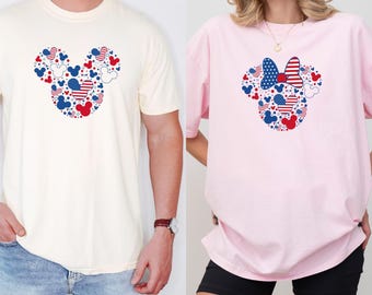 Comfort Colors® Mickey And Minnie Head Shirt, 4th Of July Couples Shirt, Happy 4th Of July Shirt, Disney Family Matching Shirt