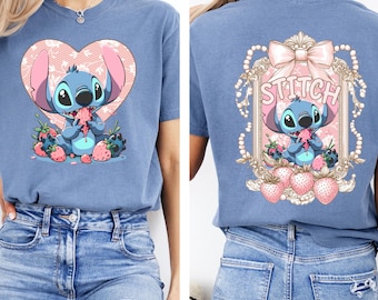Comfort Colors® Erdbeer Stitch Shirt, süßes Stitch T-Shirt, Disney Lilo und Stitch Shirt, Sommer Frau Shirt, Coquette Pink Bow Tee
