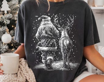 Comfort Colors® Santa And Reindeer Walking Shirt, Vintage Christmas Santa Claus T-Shirt, Retro Christmas Tee
