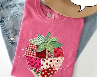 Comfort Colors® Faux Strawberry T-Shirt, Floral Strawberry Shirt, Summer Woman T-Shirt, Patchwork Quilted Berry Shirt