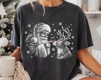 Comfort Colors® Santa And Reindeer T-Shirt, Boop Nose Christmas Shirt, Merry Christmas Tee