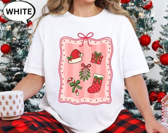 Comfort Colors® Coquette Bow Santa T-Shirt, Happy Christmas Shirt, Xmas Pajamas Tee