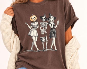Comfort Colors® Vintage Halloween Girls T-Shirt, Retro Ghost Skeleton Pumpkin Shirt, Spooky Season Tee