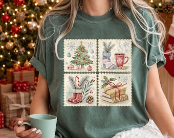 Comfort Colors® Vintage Christmas Postage T-Shirt, Cozy Christmas Shirt, Retro Holiday Aesthetic Tee