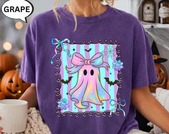Comfort Colors® Coquette Bow Ghost T-Shirt, Preppy Halloween Shirt, Funny Ghost Tee