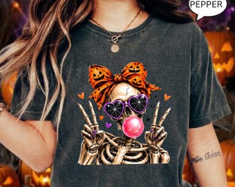 Comfort Colors® Funny Skeleton T-Shirt, Woman Halloween Shirt, Coquette Bow Skeleton Tee