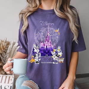 May include: Purple t-shirt with a graphic of Mickey Mouse and friends celebrating Disney's 100th anniversary. The graphic features Cinderella's castle, fireworks, and the text "Disney 100 Years of Wonder".