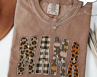 Comfort Colors® Leopard Mama T-Shirt, Pumpkin Mama Shirt, Checkered Mama Shirt, Halloween Mama Gift, Fall Mama Shirt