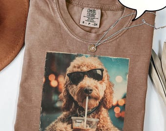 Comfort Colors® Cute Goldendoodle Drinking Iced Coffee T-Shirt, Dog Lover Gift, Coffee Dog Shirt, Pet Owner Gift