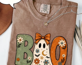 Comfort Colors® Boo Ghost T-Shirt, Girly Halloween Shirt, Boho Floral Shirt, Spooky Season Tee