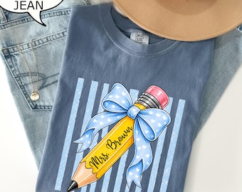 Comfort Colors® Custom Teacher Name Pencil T-Shirt, Coquette Bow Teacher Tee, Personalized Gift