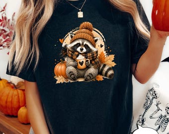 Comfort Colors® Fall Raccoon T-Shirt, Spooky Animal Tee, Coffee Lover Raccoon Shirt
