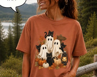 Comfort Colors® Ghost Cat T-Shirt, Autumn Ghost Shirt, Halloween Shirt, Spooky Cat Tee