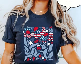 Comfort Colors® Boho Patriotic Floral T-Shirt, Daisy American Flag Flower Shirt, 4th Of July Shirt, Summer USA Shirt