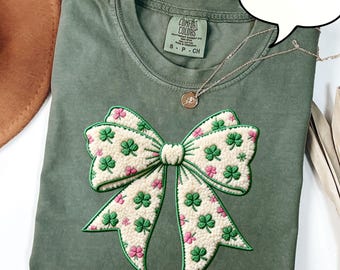 Comfort Colors® Coquette Bow Shamrock T-Shirt, St Patrick's Day Shirt, Lucky Bow Shirt