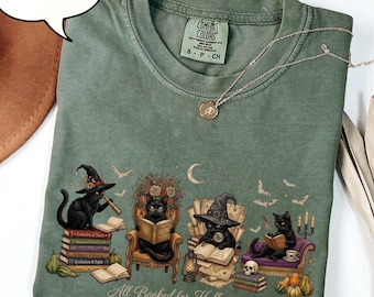 Comfort Colors® All Booked For Halloween T-Shirt, Cat Reading Book Shirt, Teacher Halloween Tee