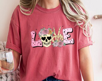 Camiseta con esqueleto de Comfort Colors®, camiseta con el amor de San Valentín, camiseta del día de San Valentín, camiseta con esqueleto adorable, camiseta con esqueleto floral