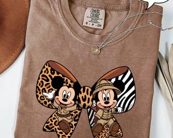 Comfort Colors® Mickey And Minnie Safari Shirt, Coquette Leopard Bow Shirt, Disney Safari Shirt, Animal Kingdom Shirt, Leopard Bow Tee