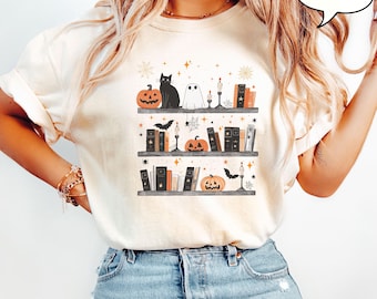 Comfort Colors® Pumpkin Cat Ghost and Book Shirt, Halloween Teacher Shirt, Book Lover Halloween Shirt, Retro Ghost Shirt