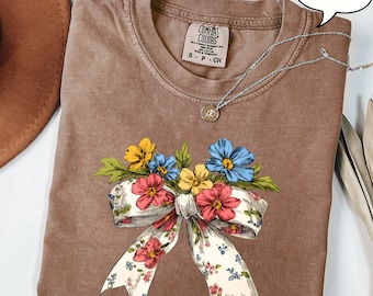 Comfort Colors® Spring Floral Bow Shirt, Boho Flower T-Shirt, Coquette Bow Shirt, Floral Bow Shirt, Gift For Mom, Gift for Woman