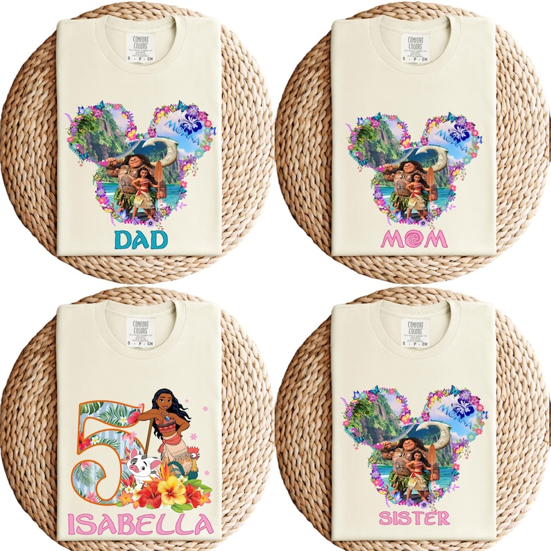 May include: Four cream-colored t-shirts with Disney-themed graphics. One shirt says "DAD", another says "MOM", a third says "SISTER", and the last says "ISABELLA" with a number 5. Each shirt has a Mickey Mouse head shape with a colorful floral design.