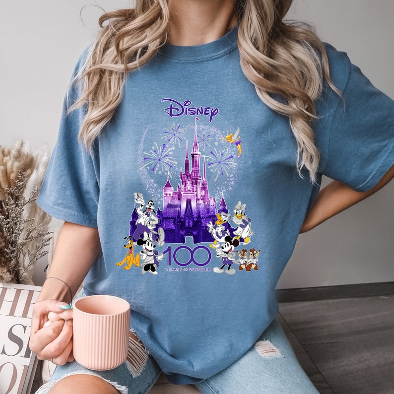 May include: A blue t-shirt with a purple and white graphic of Cinderella's castle, fireworks, and Disney characters. The text "Disney 100 Years of Wonder" is printed below the graphic.