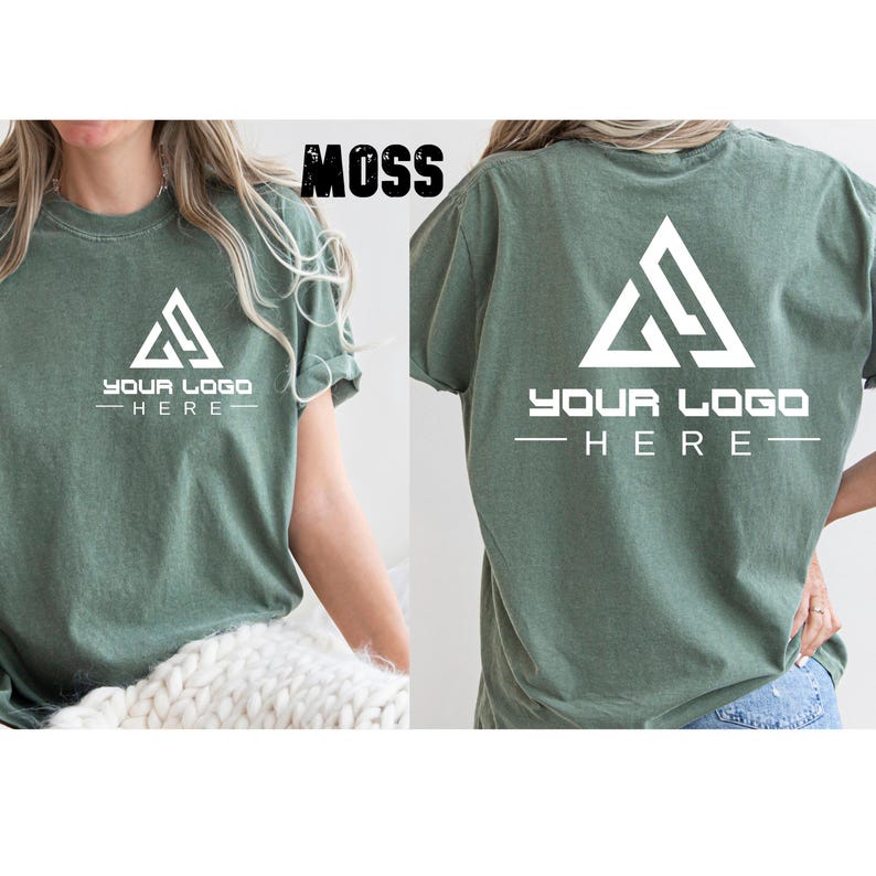 May include: A green t-shirt with a white triangle logo and the text "YOUR LOGO HERE" printed on the front.