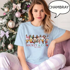 Puede incluir: Camiseta azul claro con un dise&ntilde;o festivo de personajes de Disney con cuernos de reno y gorros de Pap&aacute; Noel. El texto "Mickey & Co. Est. 1928" est&aacute; en rojo. La persona lleva un pantal&oacute;n de pijama lila claro.