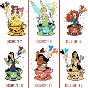 May include: Six different designs of teacups with Disney princesses. Each teacup has a different princess, including Belle, Tinkerbell, Merida, Mulan, Moana, and Pocahontas. Each princess is sitting in the teacup with Mickey Mouse balloons.