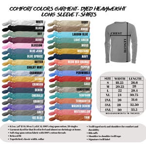 Peut inclure: Un tableau de 24 couleurs diff&eacute;rentes de t-shirts &agrave; manches longues avec le nom de chaque couleur indiqu&eacute; sous un &eacute;chantillon du tissu. Un tableau des tailles est inclus avec les mesures en pouces pour la largeur et la longueur.