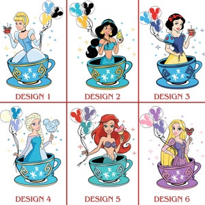 May include: Six different designs of teacups with Disney princesses. Each teacup features a different princess, including Cinderella, Jasmine, Snow White, Elsa, Ariel, and Rapunzel. Each princess is holding a different treat, such as a cupcake, a lollipop, or a cotton candy.