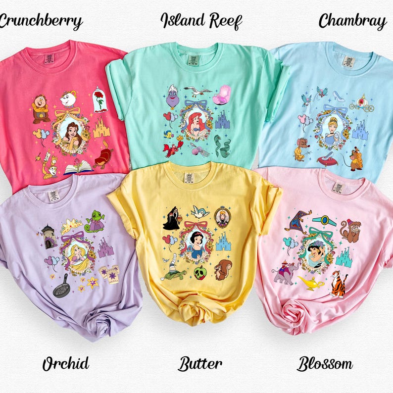 May include: Six different colored t-shirts with a Disney princess theme. The shirts are laid out in a row with the names of the colors written below each shirt. The shirts feature various Disney princesses, including Cinderella, Ariel, Belle, Snow White, Rapunzel, and Jasmine.
