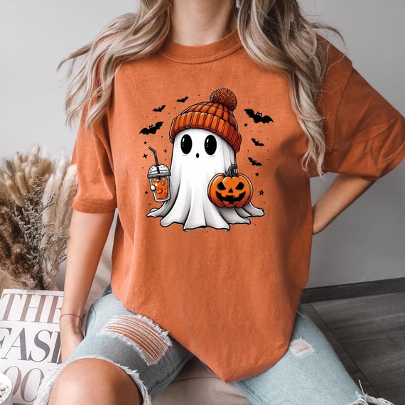 T-shirt Halloween Femme - Motif Fantôme Buvant Du Café - Manches Courtes, Coupe Décontractée - Polyester